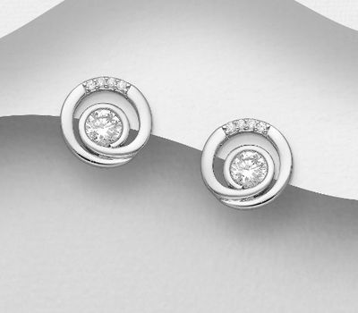 925 Sterling Silver Coil Push-Back Earrings, Decorated with CZ Simulated Diamonds