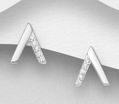 925 Sterling Silver Chevron Push-Back Earrings Decorated With CZ Simulated Diamonds