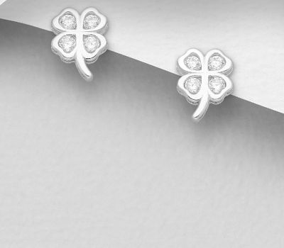 925 Sterling Silver Clover Push-Back Earrings, Decorated with CZ Simulated Diamonds