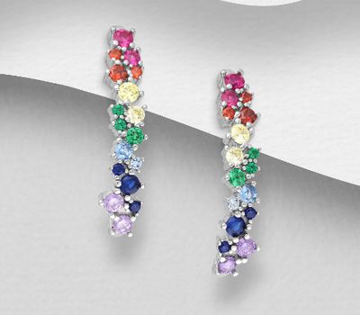 925 Sterling Silver Push-Back Earrings, Decorated with Colorful CZ Simulated Diamonds, Color may vary