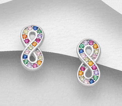 925 Sterling Silver Infinity Push-Back Earrings, Decorated with Colorful CZ Simulated Diamonds, CZ Simulated Diamond Colors may Vary.