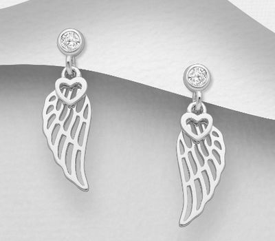 925 Sterling Silver Heart and Wings Push-Back Earrings