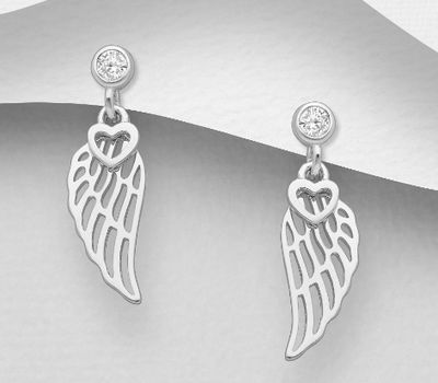 Şəkli böyütmək üçün tiklayın 925 Sterling Silver Heart and Wings Push-Back Earrings