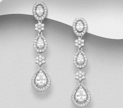 925 Sterling Silver Flower and Droplet Push-Back Earrings, Decorated with CZ Simulated Diamonds
