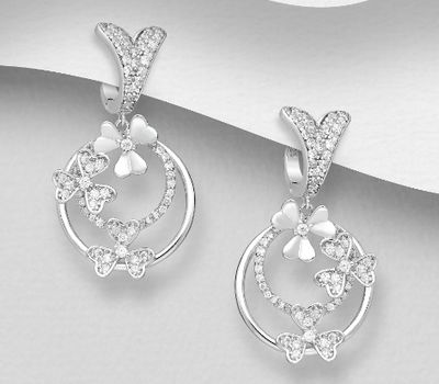 925 Sterling Silver Shamrock Omega Lock Earrings, Decorated with CZ Simulated Diamonds