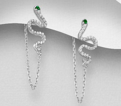 925 Sterling Silver Snake Push-Back Earrings, Decorated with CZ Simulated Diamonds