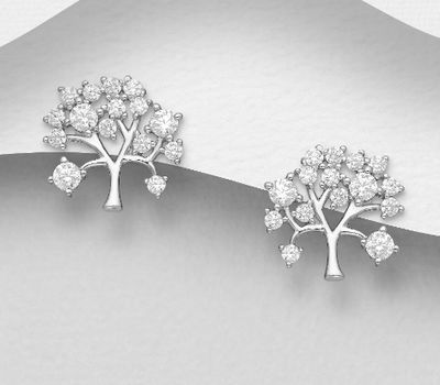 925 Sterling Silver Tree Push-Back Earrings, Decorated with CZ Simulated Diamonds