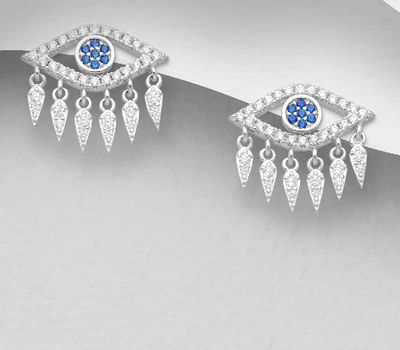 925 Sterling Silver Evil Eye Push-Back Earrings, Decorated with CZ Simulated Diamonds