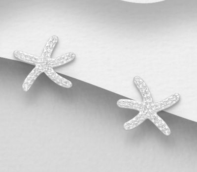 925 Sterling Silver Push-Back Starfish Earrings,  Decorated with CZ Simulated Diamonds