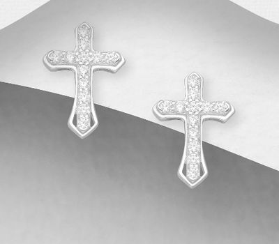 925 Sterling Silver Cross Push-Back Earrings Decorated with CZ Simulated Diamonds