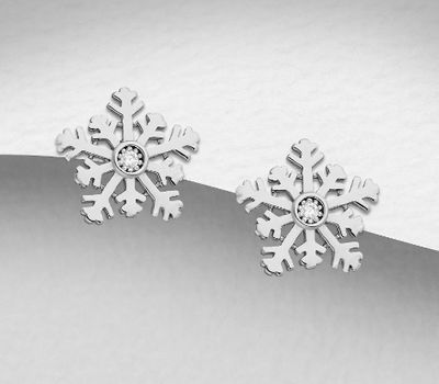 Şəkli böyütmək üçün tiklayın 925 Sterling Silver Push-Back Snowflake Earrings Decorated with CZ Simulated Diamonds