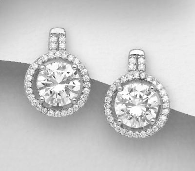 Şəkli böyütmək üçün tiklayın 925 Sterling Silver Halo Omega Lock Earrings Decorated with CZ Simulated Diamonds