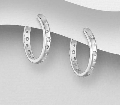 Şəkli böyütmək üçün tiklayın 925 Sterling Silver Hoop Earrings, Decorated with CZ Simulated Diamonds