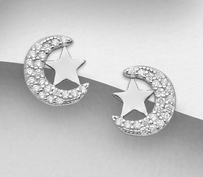 925 Sterling Silver Moon and Star Push-Back Earrings Decorated with CZ Simulated Diamonds