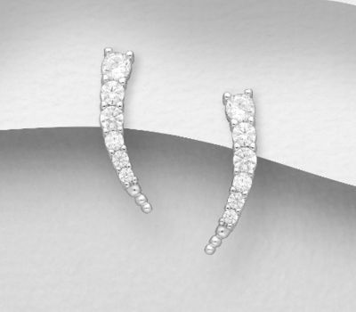 925 Sterling Silver Push-Back Earrings, Decorated with CZ Simulated Diamonds