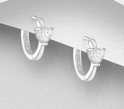 Şəkli böyütmək üçün tiklayın 925 Sterling Silver Heart Hoop Earrings, Decorated with CZ Simulated Diamonds