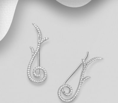 925 Sterling Silver Swirl Ear Pins, Decorated with CZ Simulated Diamonds