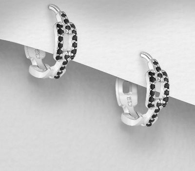 925 Sterling Silver Link Hoop Earrings, Decorated with CZ Simulated Diamonds