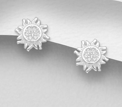 925 Sterling Silver Sun Push-Back Earrings, Decorated with CZ Simulated Diamonds
