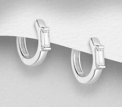 Şəkli böyütmək üçün tiklayın 925 Sterling Silver Hoop Earrings, Decorated with CZ Simulated Diamonds