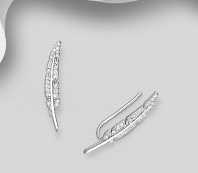 925 Sterling Silver Feather Ear Pins, Decorated with CZ Simulated Diamonds
