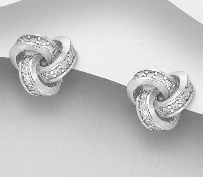 925 Sterling Silver Knot Push-Back Earrings Decorated with CZ Simulated Diamonds