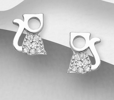 925 Sterling Silver Cat Push-Back Earrings, Decorated with CZ Simulated Diamonds