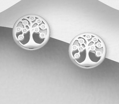 925 Sterling Silver Tree Of Life Push-Back Earrings, Decorated with CZ Simulated Diamonds