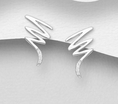 925 Sterling Silver Zigzag Push-Back Earrings, Decorated with CZ Simulated Diamonds