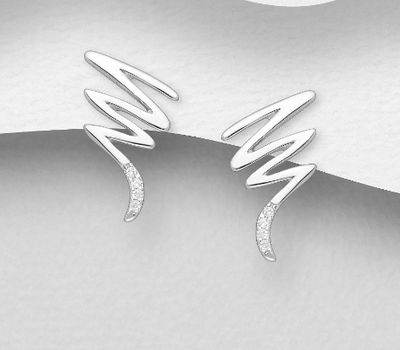 Şəkli böyütmək üçün tiklayın 925 Sterling Silver Zigzag Push-Back Earrings, Decorated with CZ Simulated Diamonds