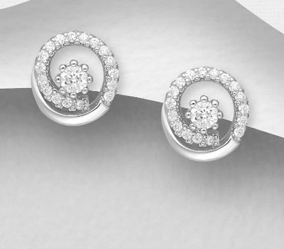 Şəkli böyütmək üçün tiklayın 925 Sterling Silver Coil Push-Back Earrings, Decorated with CZ Simulated Diamonds