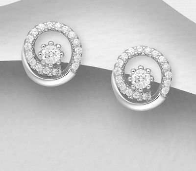 925 Sterling Silver Coil Push-Back Earrings, Decorated with CZ Simulated Diamonds