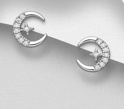 925 Sterling Silver Crescent Moon Push-Back Earrings Featuring Star, Decorated with CZ Simulated Diamonds