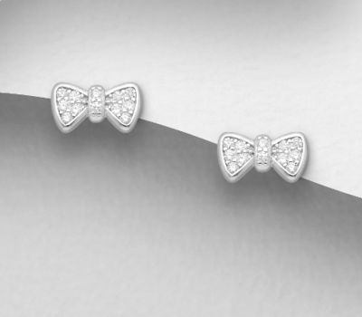 925 Sterling Silver Bow Push-Back Earrings, Decorated with CZ Simulated Diamonds