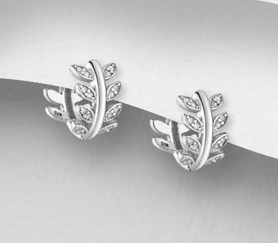 Şəkli böyütmək üçün tiklayın 925 Sterling Silver Leaf Hoop Earrings, Decorated with CZ Simulated Diamonds