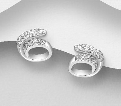 925 Sterling Silver Swirl Push-Back Earrings, Decorated with CZ Simulated Diamonds