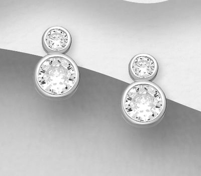 925 Sterling Silver Push-Back Earrings, Decorated with CZ Simulated Diamonds