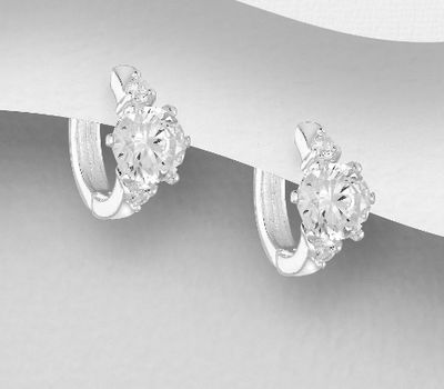 Şəkli böyütmək üçün tiklayın 925 Sterling Silver Hoop Earrings, Decorated with CZ Simulated Diamonds