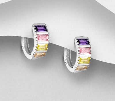 Şəkli böyütmək üçün tiklayın 925 Sterling Silver Hoop Earrings, Decorated with Colorful CZ Simulated Diamonds