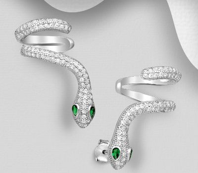 925 Sterling Silver Snake Push-Back & Ear Cuffs, Decorated with CZ Simulated Diamonds