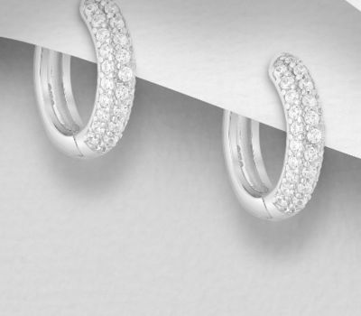Şəkli böyütmək üçün tiklayın 925 Sterling Silver Hoop Earrings, Decorated with CZ Simulated Diamonds