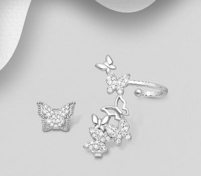925 Sterling Silver Butterfly Push-Back and Ear Cuffs, Decorated with CZ Simulated Diamonds