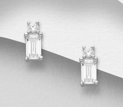 925 Sterling Silver Rectangle Push-Back Earrings, Decorated with CZ Simulated Diamonds