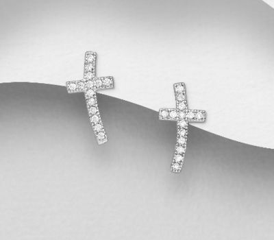 925 Sterling Silver Curved Cross Push-Back Earrings, Decorated with CZ Simulated Diamonds