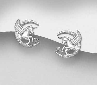 925 Sterling Silver Unicorn Push-Back Earrings, Decorated with CZ Simulated Diamonds