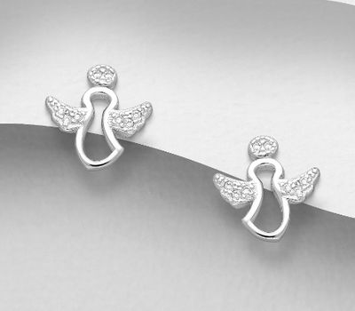 925 Sterling Silver Angel Push-Back Earrings, Decorated with CZ Simulated Diamonds