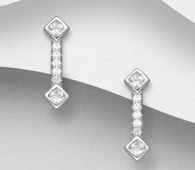 925 Sterling Silver Push-Back Earrings, Decorated with CZ Simulated Diamonds