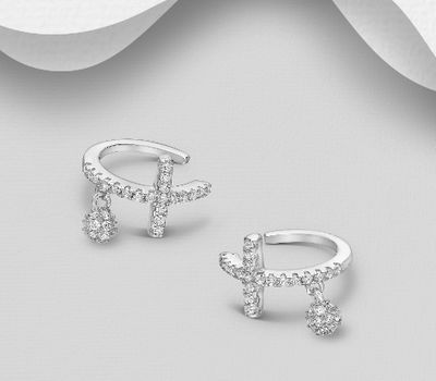 925 Sterling Silver Cross Ear Cuffs, Decorated with CZ Simulated Diamonds