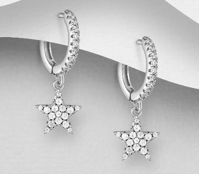 Şəkli böyütmək üçün tiklayın 925 Sterling Silver Star Hoop Earrings, Decorated with CZ Simulated Diamonds
