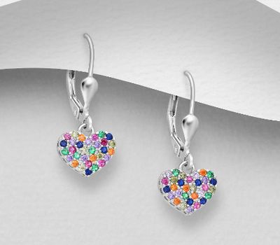 925 Sterling Silver Heart Lever-Back Earrings, Decorated with Colorful CZ Simulated Diamonds, Colors may Vary.